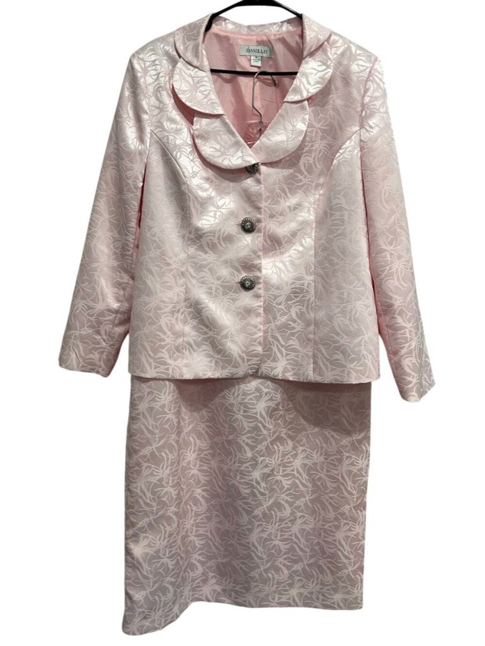 Danillo 16 Pink Floral Jacquard Two-Piece Skirt Suit Scalloped Collar Vintage